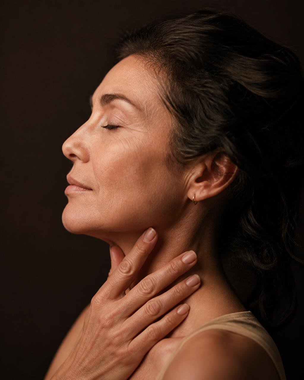 Mulher com pele firme e contorno facial definido após tratamento HiPRO